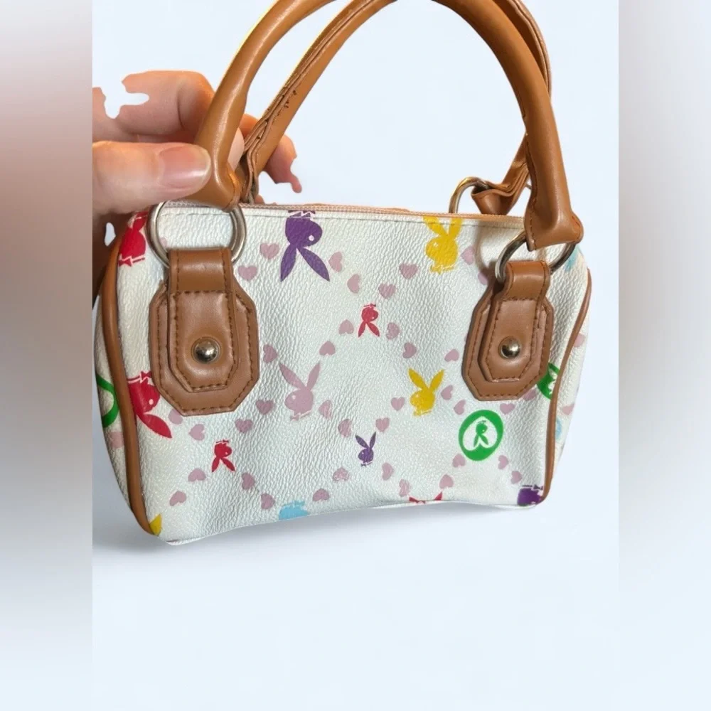 Playboy Mini Satchel Bag Bunny Print White Multicolor Y2K Small Handbag - Picture 2 of 8